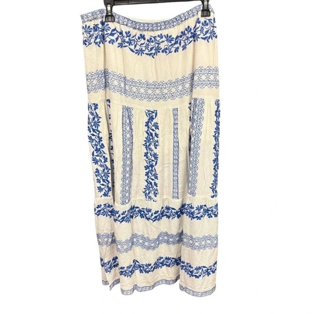 NWT Hale Bob Blue Embroidered Gauze Floral Boho Elastic Waist Maxi‎ Skirt XL